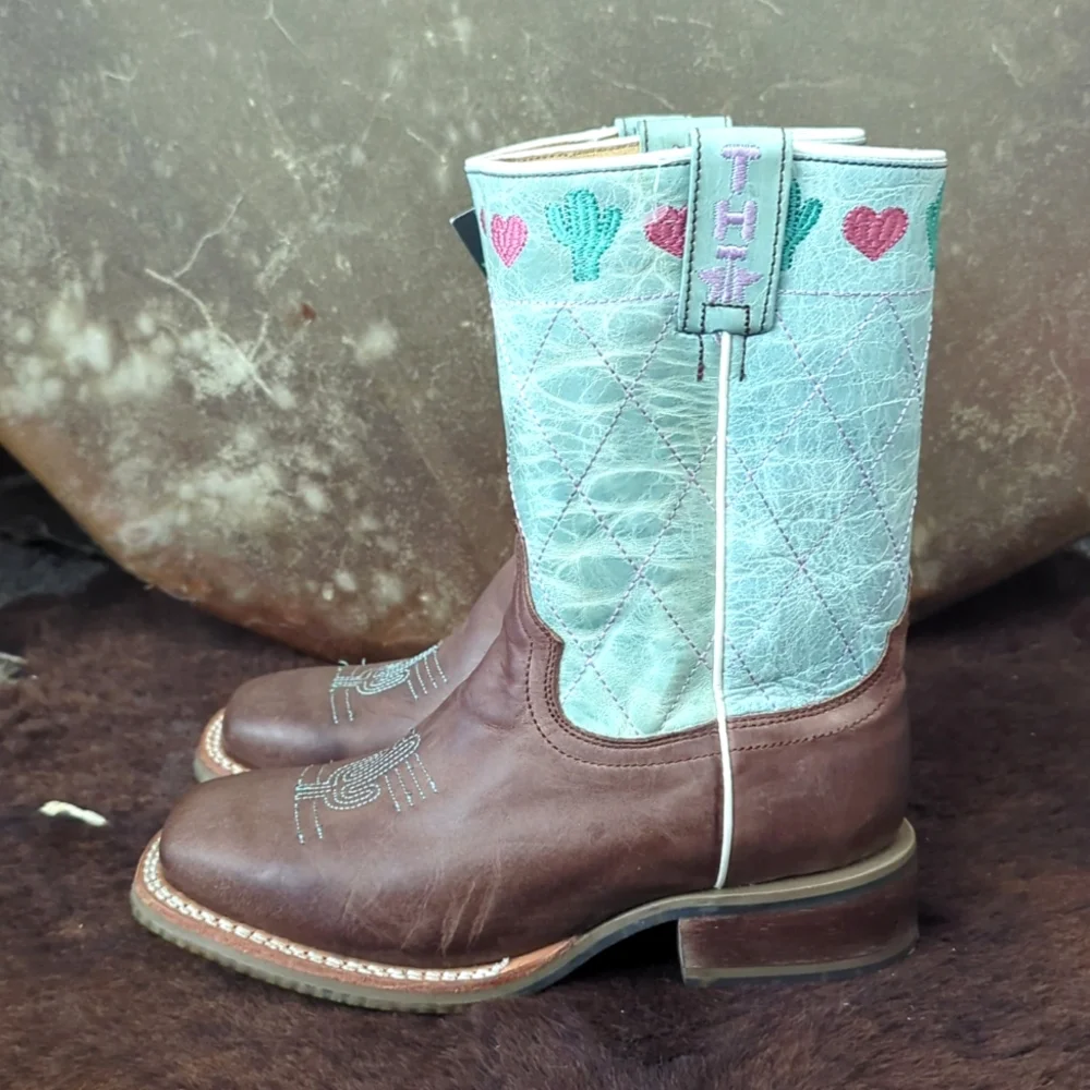 TIN HAUL I<3 Cactus🌵 cowgirl boots brown/lake green/pink sz 2 little girl NWT